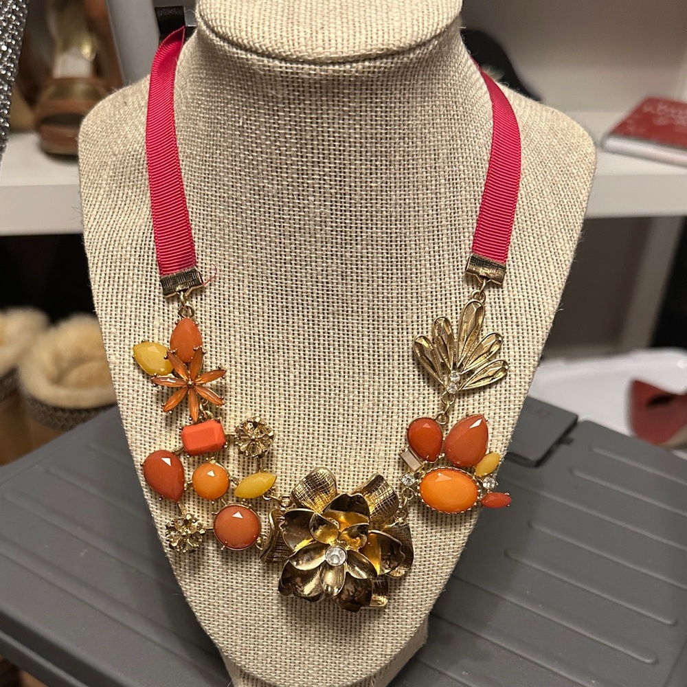 Floral Statement Necklace with Gold and Orange Accents